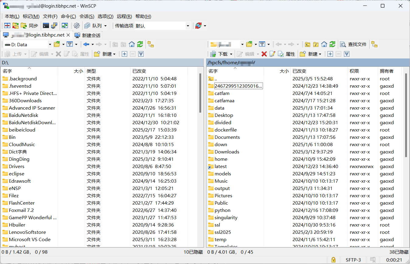 WinSCP 本地与集群双栏文件管理界面